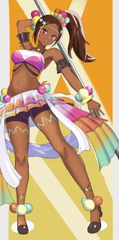 Rule 34 | 1girl, absurdres, armpits, bare arms, bare legs, bare shoulders, bike shorts, bracelet, breasts, brown hair, commentary request, crop top, dark-skinned female, dark skin, eyeliner, eyeshadow, fire emblem, fire emblem engage, full body, high heel sandals, high heels, highres, jewelry, long hair, looking at viewer, makeup, medium breasts, midriff, navel, nintendo, pearl anklet, pearl belt, pearl bracelet, pearl hair ornament, pink eyeliner, pink eyeshadow, ponytail, sandals, shorts, skirt, solo, star-shaped pupils, star (symbol), stomach, symbol-shaped pupils, tarutaru193, timerra (fire emblem)