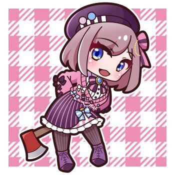 Rule 34 | 1girl, :d, absurdres, arms behind back, axe, beret, black pantyhose, blue eyes, blush, bow, brooch, brown hair, chibi, commentary request, fire axe, frilled skirt, frills, full body, hat, highres, jacket, jewelry, long sleeves, looking at viewer, nijisanji, open mouth, pantyhose, pink jacket, plaid background, puffy long sleeves, puffy sleeves, purple hat, purple shoes, purple skirt, saishosaisekojo, shirt, shoes, skirt, smile, solo, standing, striped bow, striped clothes, striped pantyhose, striped shirt, suzuhara lulu, suzuhara lulu (1st costume), vertical-striped clothes, vertical-striped pantyhose, vertical-striped shirt, virtual youtuber, white shirt