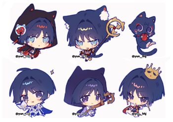 Rule 34 | 5boys, :3, alternate costume, animal ear fluff, animal ear hood, animal ears, animalization, apple, arm at side, arm up, armor, belt, black belt, black cape, black cat, black cloak, black hood, black shoes, black shorts, black sleeves, black socks, blue eyes, blunt ends, book, cape, cat, cat boy, cat ears, cat tail, chibi, chibi only, choppy bangs, cloak, coat, collared shirt, commentary, crossed legs, crown, dress shirt, ear piercing, earrings, eyeliner, fake animal ears, feathers, food, fruit, fur-trimmed cape, fur trim, furisode sleeves, genshin impact, gold crown, gold earrings, grey shirt, hair intakes, highres, holding, holding book, holding staff, hood, hood up, hooded cloak, japanese armor, jewelry, knee up, kote, kurokote, kuronushi (genshin impact), light blush, long sleeves, looking at viewer, makeup, mitsudomoe (shape), multicolored hair, multiple boys, multiple persona, open book, open clothes, open coat, open mouth, pants, person and animalization, piercing, purple cloak, purple eyes, raised eyebrows, red cape, red eyeliner, red hair, rounded collar, scaramouche (cat) (genshin impact), scaramouche (genshin impact), scaramouche (kabukimono) (genshin impact), shirt, shoes, shorts, socks, staff, streaked hair, tail, tomoe (symbol), triangle mouth, twitter username, two-sided cloak, two-sided fabric, untranslatable commentary, v-shaped eyebrows, wanderer (genshin impact), white coat, white pants, white shirt, white shorts, white sleeves, wide sleeves, wind chime, yellow feathers, yunhhj