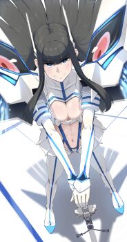 1girl absurdres bakuzan black_hair blue_eyes breasts commentary from_above highres hitempo junketsu kamui_(kill_la_kill) kill_la_kill kiryuuin_satsuki life_fiber long_hair revealing_clothes solo sword thick_eyebrows weapon