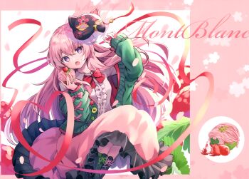 Rule 34 | 1girl, :o, absurdres, alternate costume, aura, black boots, blush, boots, bow, bowtie, buttons, cardigan, center frills, collared shirt, commentary request, dessert, eyelashes, floating, floating object, food, fox mask, frills, green cardigan, hair between eyes, hata no kokoro, highres, holding, holding food, holding rope, kure~pu, lace-up boots, long sleeves, looking at viewer, mask, mont blanc (food), open mouth, pink eyes, pink hair, pink ribbon, pink skirt, red bow, red bowtie, red ribbon, red rope, ribbon, rope, shirt, skirt, solo, third-party source, touhou, white shirt