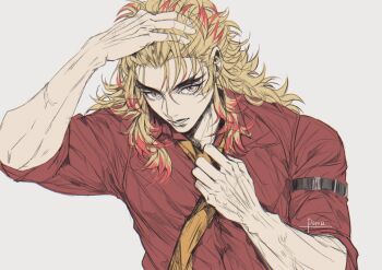 1boy adjusting_clothes adjusting_necktie arm_belt artist_name blonde_hair collared_shirt colored_tips forked_eyebrows grey_background hand_in_own_hair highres kimetsu_no_yaiba looking_at_viewer male_focus multicolored_hair necktie orange_necktie parted_lips red_hair red_shirt rengoku_kyoujurou renptuii05 shirt sleeves_rolled_up solo upper_body veins veiny_arms yellow_eyes