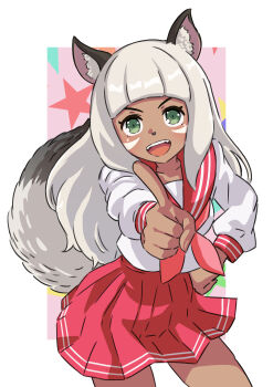 1girl absurdres alternate_costume animal_ear_fluff animal_ears arched_bangs border cianter commentary contemporary dark-skinned_female dark_skin english_commentary green_eyes hand_on_own_hip highres index_finger_raised long_hair ochette_(octopath_traveler) octopath_traveler octopath_traveler_ii open_mouth outside_border pleated_skirt red_skirt skirt smile solo standing tail white_border white_hair