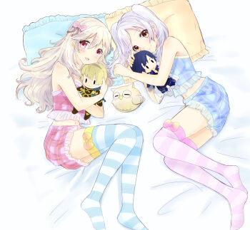 2girls :d bed_sheet blue_thighhighs blush bow bow_legwear brown_eyes character_doll chrom_(fire_emblem) closed_mouth doll female_corrin_(fire_emblem) female_robin_(fire_emblem) fire_emblem fire_emblem_awakening fire_emblem_fates frilled_pillow frills gradient_bow hair_bow highres hugging_object leo_(fire_emblem_fates) long_hair looking_at_viewer lying midriff multiple_girls navel nintendo on_bed on_side open_mouth pillow pink_bow pointy_ears puni_y_y purple_thighhighs red_eyes smile striped_clothes striped_thighhighs thighhighs twintails yellow_bow