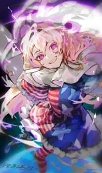 Rule 34 | 1girl, ahoge, american flag, american flag dress, american flag legwear, american flag print, black background, blonde hair, blue background, blurry, casting spell, chayo bababa, chromatic aberration, clownpiece, collar, commentary, depth of field, dress, dutch angle, fairy wings, flag print, floating hair, frilled collar, frilled dress, frills, gloves, glowing, glowing eyes, grin, hair intakes, hat, highres, jester cap, long hair, looking at viewer, open mouth, outstretched arm, polka dot hat, purple eyes, purple hat, purple lightning, sharp teeth, short sleeves, signature, smile, solo, star-shaped pupils, star (symbol), symbol-shaped pupils, teeth, touhou, transparent wings, w, white collar, white gloves, wide sleeves, wings, yellow pupils