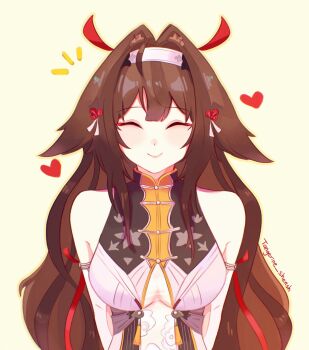 1girl animal_ear_fluff animal_ears armlet artist_name bare_shoulders breasts brown_hair china_dress chinese_clothes closed_eyes closed_mouth clover clover_hair_ornament commentary dress droopy_ears english_commentary hair_ornament hairband heart highres jewelry long_hair medium_breasts notice_lines orange_shishou silver_armlet simple_background smile solo upper_body very_long_hair white_dress white_hairband ye_shunguang yellow_background zenless_zone_zero