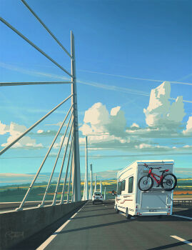 Rule 34 | bicycle, blue sky, bridge, car, cloud, commentary, concrete, english commentary, from behind, highres, hill, motor vehicle, no humans, original, outdoors, painterly, pole, raphael-lacoste, real world location, recreational vehicle, road, scenery, signature, sky, street, sunlight