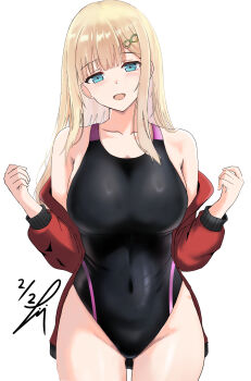 1girl absurdres black_one-piece_swimsuit blonde_hair blue_eyes breasts commentary_request competition_swimsuit covered_navel cowboy_shot dated hair_ornament hairclip highleg highleg_one-piece_swimsuit highres jacket large_breasts long_hair one-piece_swimsuit open_clothes open_jacket red_jacket senran_kagura signature simple_background solo swimsuit takumi_munato two-tone_swimsuit w_arms white_background yomi_(senran_kagura)