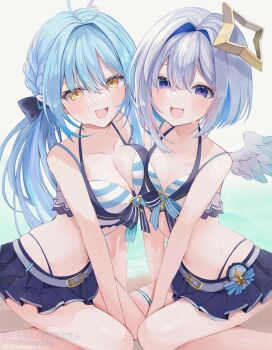 2girls amane_kanata angel_wings aqua_wings asymmetrical_docking bare_shoulders belt between_legs bikini bikini_skirt black_skirt blue_bikini blue_hair blush bob_cut breast_press breasts cleavage collarbone colored_inner_hair commentary_request feathered_wings feet_out_of_frame gradient_wings grey_hair hair_between_eyes halo hand_between_legs hololive hololive_summer_2023_swimsuit large_breasts long_hair looking_at_viewer mini_wings multicolored_hair multicolored_wings multiple_girls navel open_mouth pink_hair pleated_skirt purple_eyes replicayunikorn skirt small_breasts smile star_halo stomach striped_bikini striped_clothes swimsuit thigh_strap tilted_halo virtual_youtuber white_belt white_wings wings yellow_eyes yellow_halo yukihana_lamy