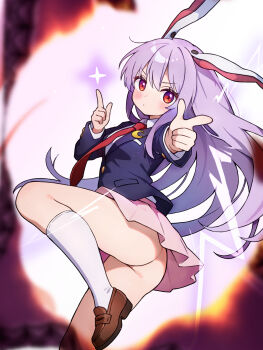 Rule 34 | 1girl, :/, aiming, aiming at viewer, animal ears, ass, blazer, blue jacket, blush, chikuzen1996, commentary request, double finger gun, dress shirt, finger gun, highres, jacket, kneehighs, long hair, long sleeves, looking at viewer, necktie, no panties, pink skirt, purple hair, rabbit ears, red eyes, red necktie, reisen udongein inaba, shirt, skirt, socks, solo, standing, standing on one leg, straight hair, touhou, v-shaped eyebrows, very long hair, white shirt, white socks
