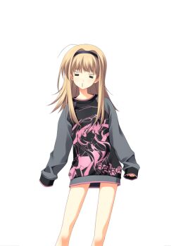 1girl =_= bare_legs black_hairband blonde_hair blood_tune bottomless breasts chaos;head character_name character_print game_cg hairband long_sleeves loungewear matsuo_yukihiro nishijou_nanami non-web_source official_art pink_trim science_adventure seira_orgel small_breasts solo sprite sweater swept_bangs transparent_background