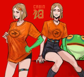 1girl black_sclera bone colored_sclera frog glowing_arm green_lips hades_(series) hades_2 highres laurel_crown melinoe_(hades) mismatched_sclera percy_jackson_and_the_olympians red_eyes see-through_body sethkiel shirt short_hair shorts skeletal_arm smile solo