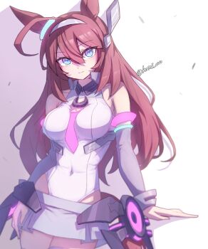 Rule 34 | 1girl, absurdres, ahoge, animal ears, bare shoulders, blue eyes, breasts, brown hair, closed mouth, commentary request, detached sleeves, grey hairband, grey leotard, grey skirt, grey sleeves, hair between eyes, hairband, highleg, highleg leotard, highres, horse ears, horse girl, horse tail, kasei ovo, large breasts, leotard, long hair, looking at viewer, lowleg, lowleg skirt, mihono bourbon (mb-19890425) (umamusume), mihono bourbon (umamusume), necktie, pink necktie, silver hairband, simple background, skirt, smile, solo, tail, thighhighs, umamusume, white leotard, white thighhighs