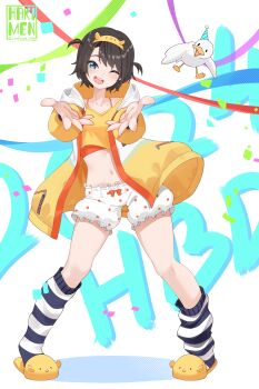 1girl ;d absurdres animal_slippers bird black_hair black_socks bloomers blue_eyes commentary confetti contrapposto cropped_shirt duck duck_slippers english_commentary full_body hakimen happy_birthday highres hololive hood hooded_jacket jacket looking_at_viewer loose_socks midriff multicolored_jacket navel official_alternate_costume official_alternate_hairstyle one_eye_closed oozora_subaru oozora_subaru_(loungewear) open_mouth outstretched_arms polka_dot polka_dot_bloomers reaching reaching_towards_viewer shirt short_hair slippers smile socks solo striped_clothes striped_socks swept_bangs teeth text_background two_side_up underwear upper_teeth_only virtual_youtuber white_background white_bloomers white_jacket yellow_jacket yellow_shirt