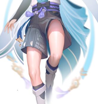 1boy aqua_kimono arm_at_side belt black_belt black_bow black_bridal_gauntlets black_male_underwear black_shorts blue_cape blurry bow bridal_gauntlets cape depth_of_field facing_viewer furisode genshin_impact hakama hakama_shorts highres japanese_clothes juban kimono knees leg_warmers lower_body luty_nii male_focus male_underwear open_hand pleated_shorts purple_rope purple_sash rope sash scaramouche_(genshin_impact) shorts solo tassel thigh_focus thighs underwear wanderer_(genshin_impact) watermark white_background white_kimono white_leg_warmers white_trim
