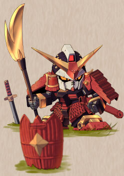 absurdres ag_00000 chibi clenched_hand gundam highres holding_naginata katana looking_down mecha musha_gundam naginata no_humans polearm robot sd_gundam sd_sengokuden shield solo sword weapon yellow_eyes