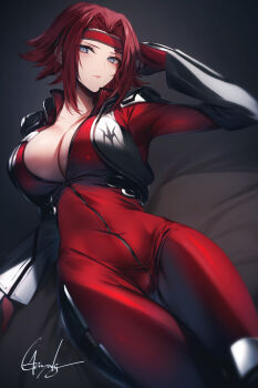 1girl blue_eyes blush bodysuit breasts cleavage code_geass genyaky hair_intakes headband highres kouzuki_kallen large_breasts looking_at_viewer parted_bangs red_bodysuit red_hair short_hair solo thighs