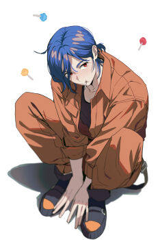 1boy absurdres blue_hair blush full_body gundam gundam_gquuuuuux highres jumpsuit knees_up lollipop_in_mouth male_focus orange_jumpsuit otakulifewow ponytail red_eyes shirt shoes short_hair shuji_ito simple_background sitting solo white_background