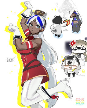 3girls absurdres animal_ears arclight_(arknights) arknights arknights:_endfield armband artist_name bare_shoulders blue_eyes blue_hair boots camera cosplay dark-skinned_female dark_skin dress endministrator_(arknights) english_text female_endministrator_(arknights) forehead_jewel gloves gold_ship_(umamusume) gold_ship_(umamusume)_(cosplay) grey_hair hat highres holding holding_camera horse_ears horse_girl horse_pose horse_tail leggings long_hair multicolored_hair multiple_girls pantyhose parted_lips perlica_(arknights) pillbox_hat sleeveless sleeveless_dress streaked_hair sweatdrop tail taking_picture umamusume white_background white_boots white_gloves white_hair white_leggings white_pantyhose yuqi_non