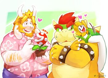 Rule 34 | 2boys, 2others, absurdres, armlet, artist name, asgore dreemurr, beard, belly, blonde hair, blue pants, blush, bowser, bracelet, claws, collar, commentary, crossed arms, english commentary, facial hair, fangs, fat, fat man, floppy ears, flower, flowey (undertale), furry, furry male, goat horns, heart, highres, horns, instagram logo, jewelry, lates312, looking at another, male focus, mario (series), multiple boys, multiple others, nintendo, pants, pink shirt, piranha plant, red hair, shirt, smile, spiked armlet, spiked bracelet, spiked collar, spiked shell, spikes, twitter logo, twitter username, undertale, utdr (toby fox), yaoi, yellow flower