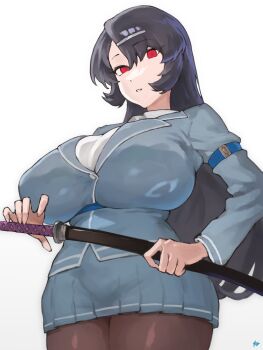 1girl arm_belt artist_name belt black_hair blue_belt blue_jacket blue_skirt borrowed_character breasts brown_pantyhose chest_strap collared_shirt commentary_request cowboy_shot fighting_stance from_below fukuya_art gradient_background grey_background hair_between_eyes hair_ornament hairclip hand_up highres holding holding_sheath huge_breasts jacket katana long_hair long_sleeves looking_at_viewer looking_down miniskirt original pantyhose parted_lips pleated_skirt ready_to_draw red_eyes sheath sheathed shirt single_horizontal_stripe skirt solo standing striped_clothes striped_skirt sword underbust very_long_hair weapon white_background white_shirt