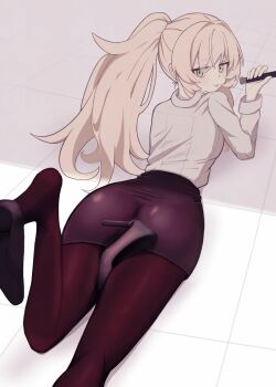 1girl black_pantyhose blonde_hair blue_archive fluffy_hair freshd_0325 green_eyes halo high_heels highres holding holding_pointer long_hair long_sleeves looking_at_viewer looking_back lying on_stomach pantyhose pointer ponytail professor_niyaniya_(blue_archive) shirt solo white_shirt yellow_halo