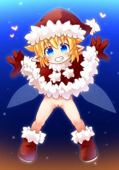 1girl blonde_hair blue_eyes boots censored commentary_request fairy fairy_wings full_body fur-trimmed_headwear fur_trim gloves grin hat highres kso loli looking_at_viewer meyuu_(kso) original pointy_ears pussy santa_hat short_hair smile solo variant_set wings