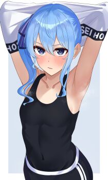 1girl :/ absurdres armpits arms_up black_leotard black_shorts blue_hair blue_ribbon blue_sky blush clothes_lift collarbone covered_navel flat_chest hair_ribbon highres hololive hololive_dance_practice_uniform hoshimachi_suisei leotard leotard_under_clothes mino_(miiiinon611) ribbon shirt_lift shorts side_ponytail sky solo star_(symbol) star_in_eye symbol_in_eye virtual_youtuber wavy_mouth