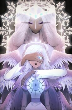 Rule 34 | 2girls, angel, angel wings, blue sclera, closed eyes, colored sclera, colored skin, covering another's eyes, dress, emily (hazbin hotel), feathered wings, freckles, glowing, glowing halo, grey skin, halo, hazbin hotel, hellaverse, highres, hug, hug from behind, i1i1i1i1i1, long eyelashes, long hair, looking at viewer, multiple girls, multiple wings, open mouth, puffy short sleeves, puffy sleeves, sera (hazbin hotel), short sleeves, single tear, third eye on chest, very long hair, wavy hair, white nails, wings