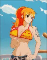 1girl :3 animated arm_tattoo armpits belt bikini bikini_pull bikini_top_only bouncing_breasts breasts breasts_out cleavage clothes_pull cloud collarbone day denim earrings female_focus groin jeans jewelry large_breasts long_hair looking_at_viewer loose_belt matching_hair/eyes midriff nami_(one_piece) nami_(one_piece)_(post-timeskip) nami_(one_piece)_(punk_hazard) navel nipples official_alternate_hair_length official_alternate_hairstyle one_piece orange_eyes orange_hair outdoors pants ponytail pulling_own_clothes scrabble007 ship smile solo swimsuit tattoo toned toned_female upper_body video watercraft