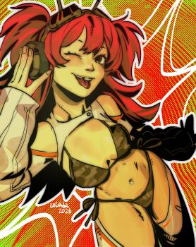 Rule 34 | 1girl, arm warmers, artist name, bare shoulders, bikini, blush, breasts, brown eyes, camouflage, camouflage bikini, cleavage, cocoide, commentary, cowboy shot, crotchless, crotchless pants, dated, english commentary, goggles, goggles on head, green background, green bikini, hand on headphones, headphones, highres, long hair, looking at viewer, medium breasts, missing tooth, navel, navel piercing, one eye closed, original, pants, piercing, radio antenna, red background, red hair, shrug (clothing), side-tie bikini bottom, signature, sleeves past wrists, smile, solo, standing, stomach, swimsuit, tongue, tongue out, truck (nifast (greentail)), two-tone background, two side up, white shrug