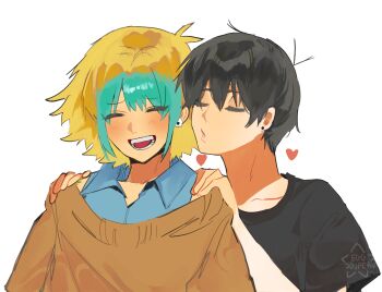 2boys alternate_costume alternate_hair_color antenna_hair artist_name basil_(faraway)_(omori) basil_(omori) black_shirt blonde_hair blue_shirt brown_sweater closed_eyes collarbone collared_shirt ear_piercing earrings eggsoupery flower_earrings green_hair hair_between_eyes hands_on_another's_shoulders highres jewelry long_sleeves male_focus multicolored_hair multiple_boys omori open_mouth parted_lips piercing puckered_lips shirt short_hair short_sleeves sidelocks simple_background sunny_(omori) sweater t-shirt teeth two-tone_hair white_background