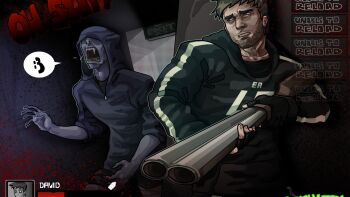 :3 afraid_of_monsters beard_stubble black_gloves black_hoodie blood blood_splatter character_name clenched_teeth crossover david_leatherhoff facial_hair fangs fingerless_gloves genre_connection gloves gun health_bar highres holding holding_gun holding_weapon hood hood_down hood_up hoodie left_4_dead left_4_dead_2 looking_to_the_side male_focus open_mouth shotgun spoken_expression striped_clothes striped_hoodie stubble teeth weapon worried yushizzi zombie