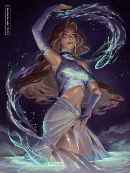 1girl arm_up avatar:_the_last_airbender avatar_legends blue_eyes bluemist72 brown_hair commentary dark-skinned_female dark_skin earrings elbow_gloves element_bending english_commentary fingerless_gloves fish gloves hydrokinesis jewelry katara long_hair looking_at_viewer midriff navel necklace redesign solo spirit wading water wet