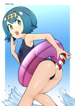 1girl :o absurdres anal anal_beads anal_object_insertion ass black_one-piece_swimsuit blue_eyes blue_hair bright_pupils commentary dildo female_masturbation hairband hand_up highres holding holding_sex_toy innertube knees_together_feet_apart lana_(pokemon) looking_back masturbation motion_lines nintendo no_sclera object_insertion one-piece_swimsuit oozutsu_cannon open_mouth pokemon pokemon_sm pulling sex_toy short_hair solo swim_ring swimsuit teeth tongue upper_teeth_only water water_drop white_pupils yellow_hairband