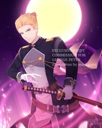 Rule 34 | 1boy, aiguillette, alan richard, artist logo, artist name, blonde hair, commentary request, commission, eiyuu densetsu, english text, falling petals, full moon, gloves, hair slicked back, highres, holding, holding sword, holding weapon, katana, logo, looking at viewer, male focus, maskyarts, moon, petals, short hair, shoulder boards, solo, sora no kiseki, sword, watermark, weapon, white gloves