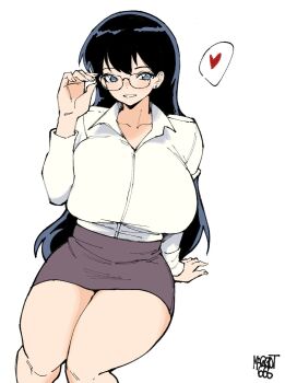 1girl adjusting_eyewear arato_nagi bare_legs black_hair blue_eyes blue_pants breasts collarbone collared_shirt earrings grin heart highres huge_breasts invisible_chair jewelry long_hair long_sleeves looking_at_viewer norman_maggot pants pencil_skirt ruri_no_houseki shirt shirt_tucked_in simple_background sitting skirt smile solo spoken_heart stud_earrings taut_clothes taut_pants thick_thighs thighs white_background white_shirt