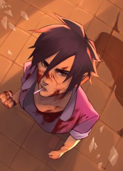 1boy 1girl artist_logo astrubalart blood blood_on_face brown_eyes brown_hair cigarette clenched_hand dispatch face_piercing from_above glass_shards highres invisigal jacket logo looking_at_viewer looking_up nose_piercing nose_ring piercing short_hair solo tile_floor tiles upper_body