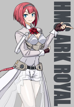 1girl absurdres ark_royal_(kancolle) black_gloves blue_eyes bob_cut character_name clothes_writing commentary corset cowboy_shot fingerless_gloves flower gloves grey_background highres inverted_bob kantai_collection long_sleeves overskirt pantyhose red_flower red_hair red_rose rose samusara short_hair shorts solo symbol-only_commentary tiara white_corset white_pantyhose white_shorts