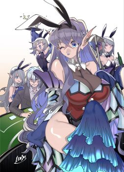 1boy 4girls anger_vein animal_ears blue_eyes blue_tongue breasts casino_card_table colored_tongue duel_monster fins freckles grey_hair hair_over_one_eye head_fins highres kitkallos_(yu-gi-oh!) large_breasts long_hair medium_breasts multiple_girls one_eye_closed playboy_bunny purple_eyes rabbit_ears senjo signature small_breasts table tearlaments_havnis tearlaments_kitkallos tearlaments_merrli tearlaments_reinoheart tearlaments_scheiren tongue tongue_out tray yu-gi-oh!