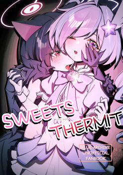 Rule 34 | 2girls, absurdres, animal ears, bikini, black bikini, black hair, blue archive, blush, bow, cat ears, cat girl, colored inner animal ears, drill hair, fang, fur collar, hair ornament, halo, hand on another's face, hickey, highres, hug, interlocked fingers, jacket, kazusa (blue archive), kazusa (halloween) (blue archive), multiple girls, official alternate costume, official alternate hairstyle, one eye closed, open mouth, petticoat, pink halo, purple bow, purple eyes, purple hair, purple halo, purple jacket, purple skirt, reisa (blue archive), reisa (magical) (blue archive), saliva, shirt, skirt, star (symbol), star hair ornament, swimsuit, tail, teeth, tongue, tongue out, twin drills, upper teeth only, white shirt, whonyang, wing hair ornament, yuri