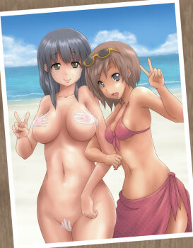 Rule 34 | 2girls, ao usagi, beach, bikini, black eyes, black hair, blue sky, breasts, breasts apart, brown hair, cleavage, cleft of venus, clothed female nude female, cloud, collarbone, crotch grab, day, eyewear on head, fat mons, female focus, front-tie bikini top, front-tie top, ghost, grabbing another's breast, grey eyes, groping, happy, horizon, inverted nipples, large breasts, locked arms, long hair, looking at viewer, matching hair/eyes, medium breasts, multiple girls, navel, nipples, nude, nudist, ocean, open mouth, original, outdoors, photo (object), pink sarong, polka dot, polka dot bikini, polka dot swimsuit, puffy areolae, puffy nipples, pussy, sand, sarong, shore, short hair, sideboob, sidelocks, sky, smile, standing, sunglasses, sunglasses on head, swimsuit, tareme, translucent, unworn eyewear, v, water