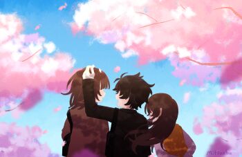 1girl 2boys akinashi_haru bag black_hair black_jacket brown_hair brown_jacket cherry_blossoms faceless from_behind hand_on_another's_head highres jacket long_hair mitsunba multiple_boys petal_on_head saihate_eki shirt short_hair shoulder_bag tatsunami_shion tenjiku_aoi tree vest white_shirt yellow_vest