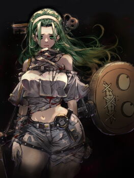 1girl a.b.a bandaged_leg bandages bare_shoulders black_background blood blood_from_mouth bloody_bandages breasts closed_mouth commentary contrapposto cowboy_shot detached_sleeves floating_hair green_eyes green_hair guilty_gear guilty_gear_strive hairband highres key key_in_head large_breasts long_hair looking_at_viewer midriff navel nt50 object_through_head oversized_object paracelsus_(guilty_gear) shirt shorts white_hairband white_shirt white_shorts