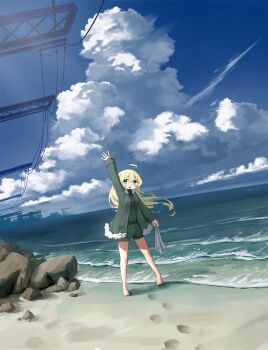1girl absurdres ahoge barefoot beach blonde_hair blue_eyes blue_sky cloud cloudy_sky coat commentary cumulonimbus_cloud day footprints full_body fur-trimmed_coat fur_trim green_coat green_shirt green_shorts highres holding_cloth karmanima0w0 long_hair long_sleeves looking_at_viewer military_uniform ocean open_mouth outdoors power_lines rock sand scenery shirt shorts shoujo_shuumatsu_ryokou sky smile solo waves waving wide_shot yuuri_(shoujo_shuumatsu_ryokou)