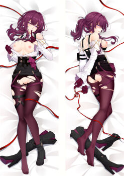 1girl arms_behind_back ass bare_shoulders black_panties boots breasts breasts_out commentary_request dakimakura_(medium) finger_to_mouth high_heel_boots high_heels honkai:_star_rail honkai_(series) index_finger_raised kafka_(honkai:_star_rail) knee_boots long_hair looking_at_viewer lying medium_breasts moeanime multiple_views nipples on_back on_side panties pantyhose parted_lips purple_eyes purple_hair purple_pantyhose pussy red_ribbon ribbon shirt shushing torn_clothes torn_pantyhose underwear unworn_boots white_shirt