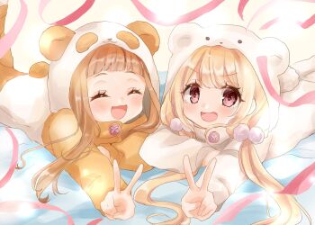 2girls :d ^_^ animal_costume animal_ears animal_hood bear_costume bear_ears bear_hood bear_tail bed_sheet blonde_hair blush brown_eyes brown_hair closed_eyes commentary_request fake_animal_ears fake_tail futaba_anzu highres hood hood_up ichihara_nina idolmaster idolmaster_cinderella_girls idolmaster_cinderella_girls_starlight_stage long_sleeves low_twintails lying multiple_girls on_stomach onesie open_mouth outstretched_arm panda_costume panda_ears panda_hood panda_tail puffy_long_sleeves puffy_sleeves red_ribbon ribbon rino_cnc smile tail twintails v v-shaped_eyebrows