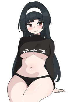 Rule 34 | 1girl, absurdres, alternate costume, arutemisu180, astra yao, black hair, blunt sidelocks, blush, breasts, cleavage, hairband, highres, large breasts, long hair, looking at viewer, panties, shirt, sidelocks, smile, solo, thighs, underwear, uneven bangs, white hairband, zenless zone zero