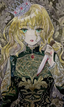 Rule 34 | 1girl, blonde hair, blood, blood on hands, bloody knife, crown, dress, earrings, expressionless, floral background, gem, gold earrings, gold ring, green dress, green eyes, hair between eyes, holding, holding knife, implied murder, jewelry, juliet sleeves, knife, long hair, long sleeves, looking at viewer, messy hair, mmo 07, open mouth, original, ornate clothes, painting (medium), puffy sleeves, red gemstone, six pointed star, solo, traditional media, watercolor (medium), white crown