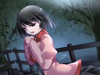 1girl :d black_eyes black_hair blazer bridge commentary empty_eyes fake_screenshot from_side hammer_(sunset_beach) jacket juliet_sleeves long_sleeves looking_at_viewer looking_to_the_side monogatari_(series) naoetsu_high_school_uniform open_mouth oshino_ougi pink_shirt plant puffy_sleeves railing river school_uniform shirt short_hair sleeves_past_fingers sleeves_past_wrists smile solo text_focus textless_version translated tree upper_body water